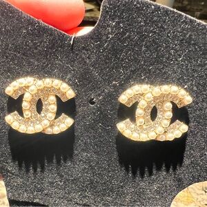 Gold and Pearl Logo Earrings